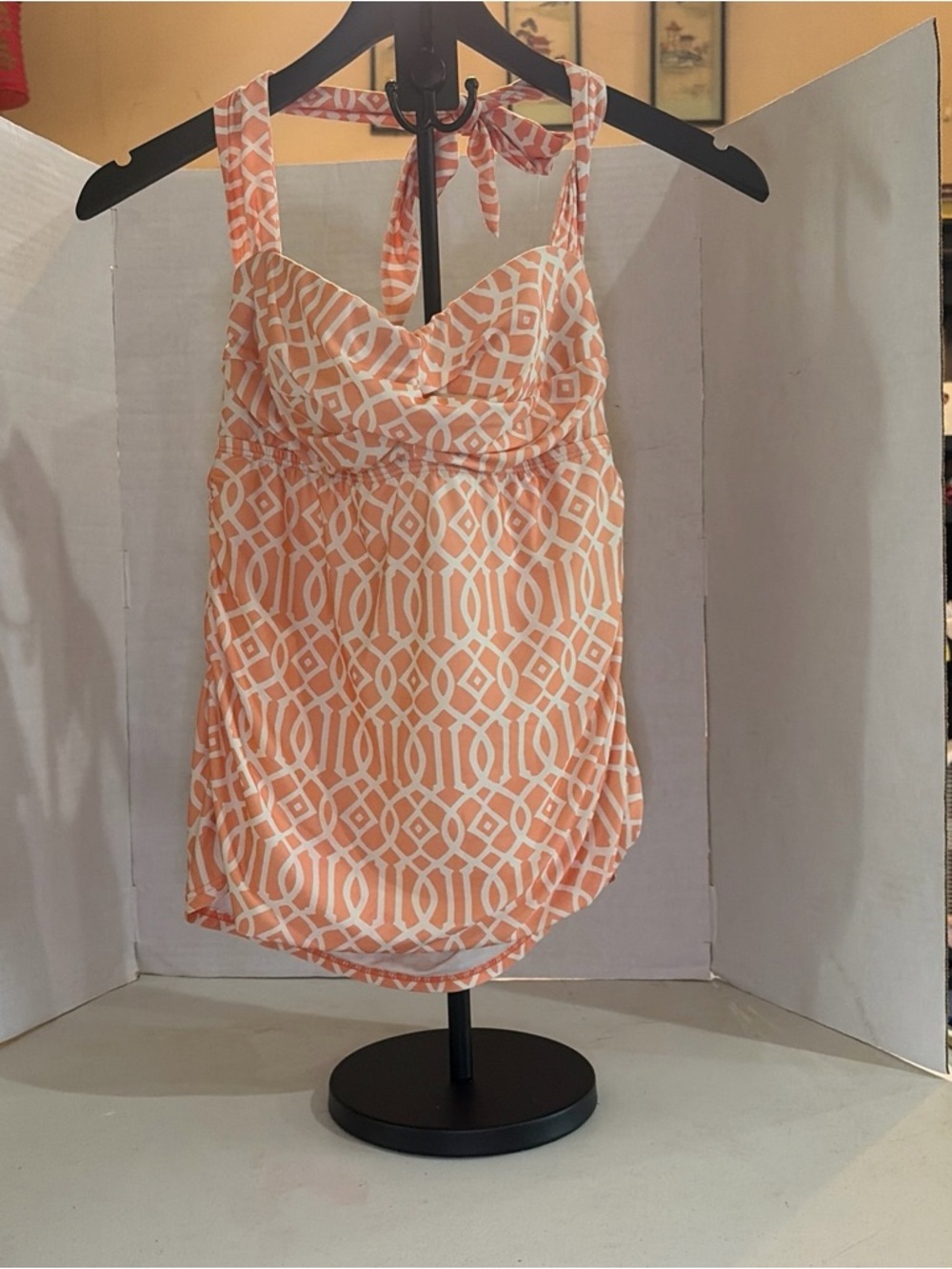ANTONIO MELANI Peach and White Geometric Halter Camisole